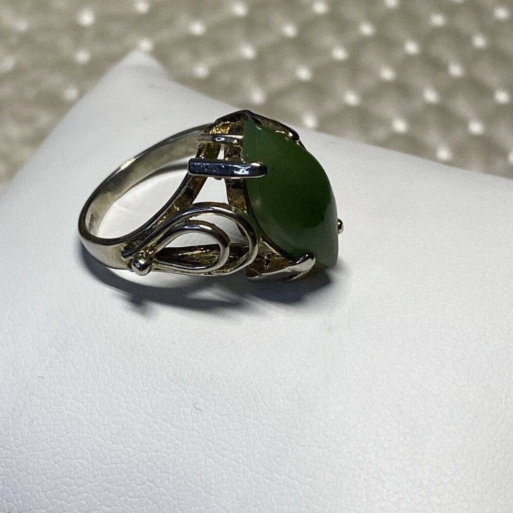 Vintage Nephrite Jade Sterling Silver Ring Marquise Mid Century